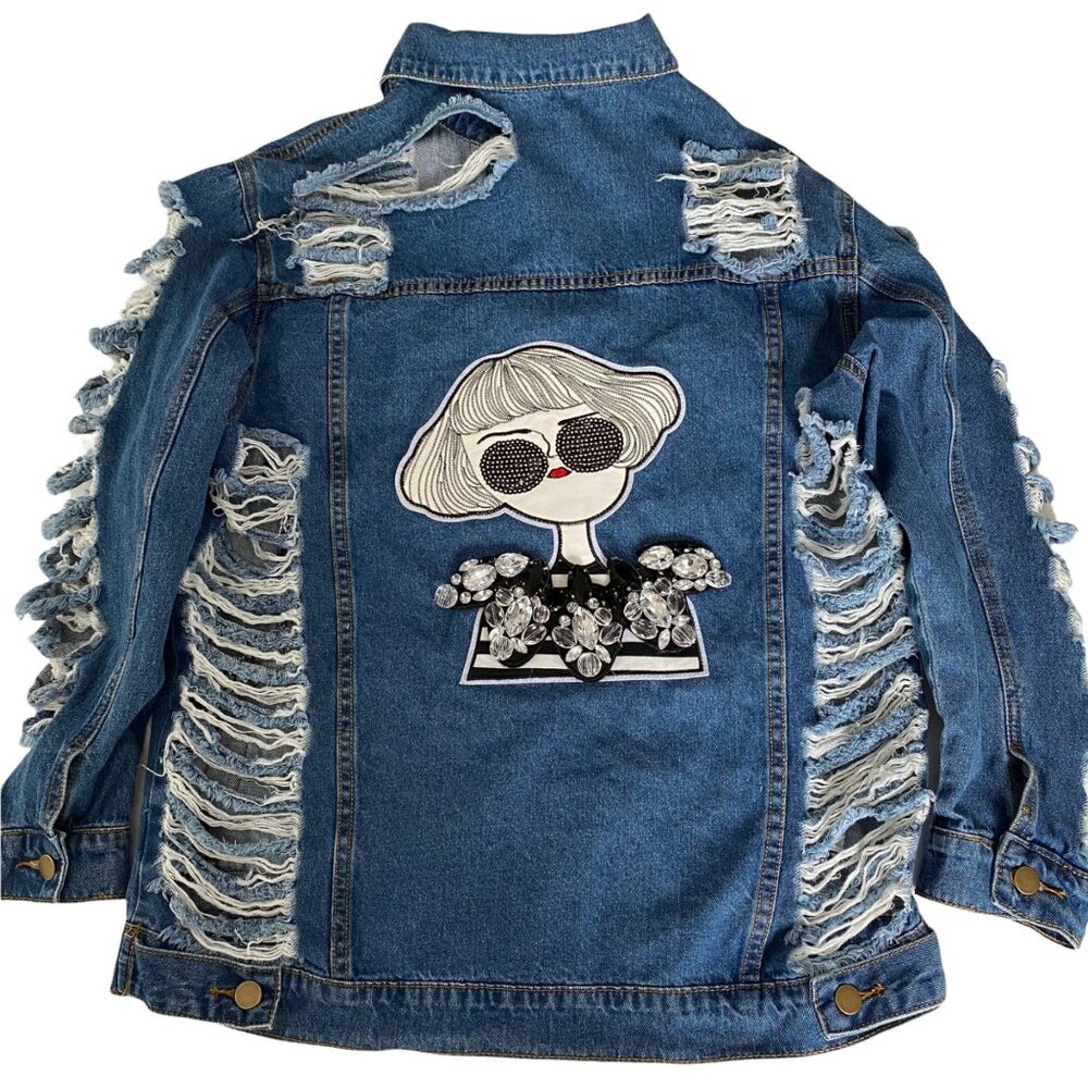 Denimland Paris Collection Jean Jacket Women M Destroyed Rhinestones Embroidered